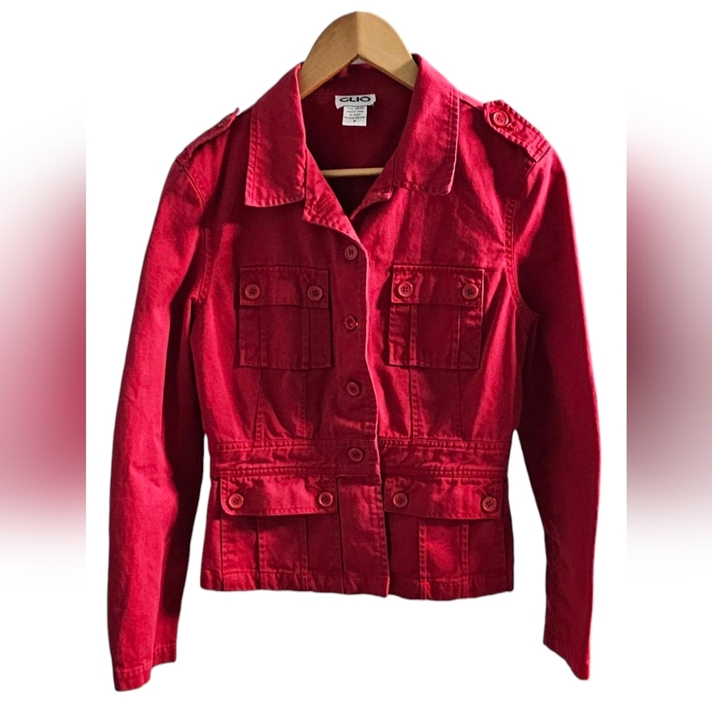 Clio - Cropped Tailored Red Denim Pockets Button Down Jacket​